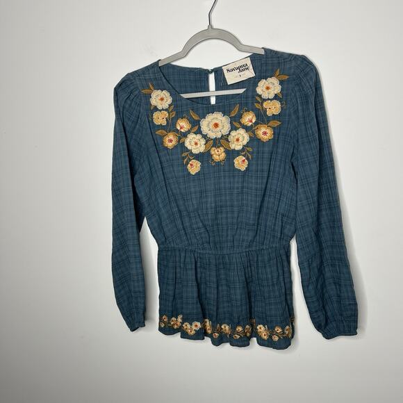 Savannah Jane Top Womens Small Blue Embroidered Floral Peasant Peplum Cotton - Picture 1 of 10